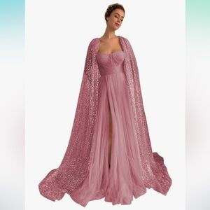 Elegant Tulle Coset Sweetheart Dusty Rose Evening Gown with Sequined Cape Size 8